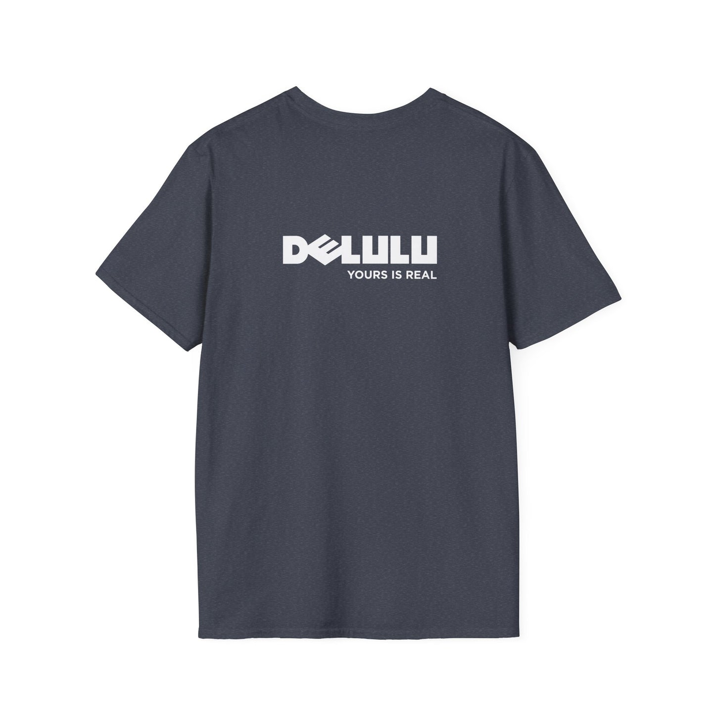Delulu parody back print t-shirt design with Dell logo transformed into the word ‘Delulu’, nerdy tech humor shirt, laptop and computer fan gift
