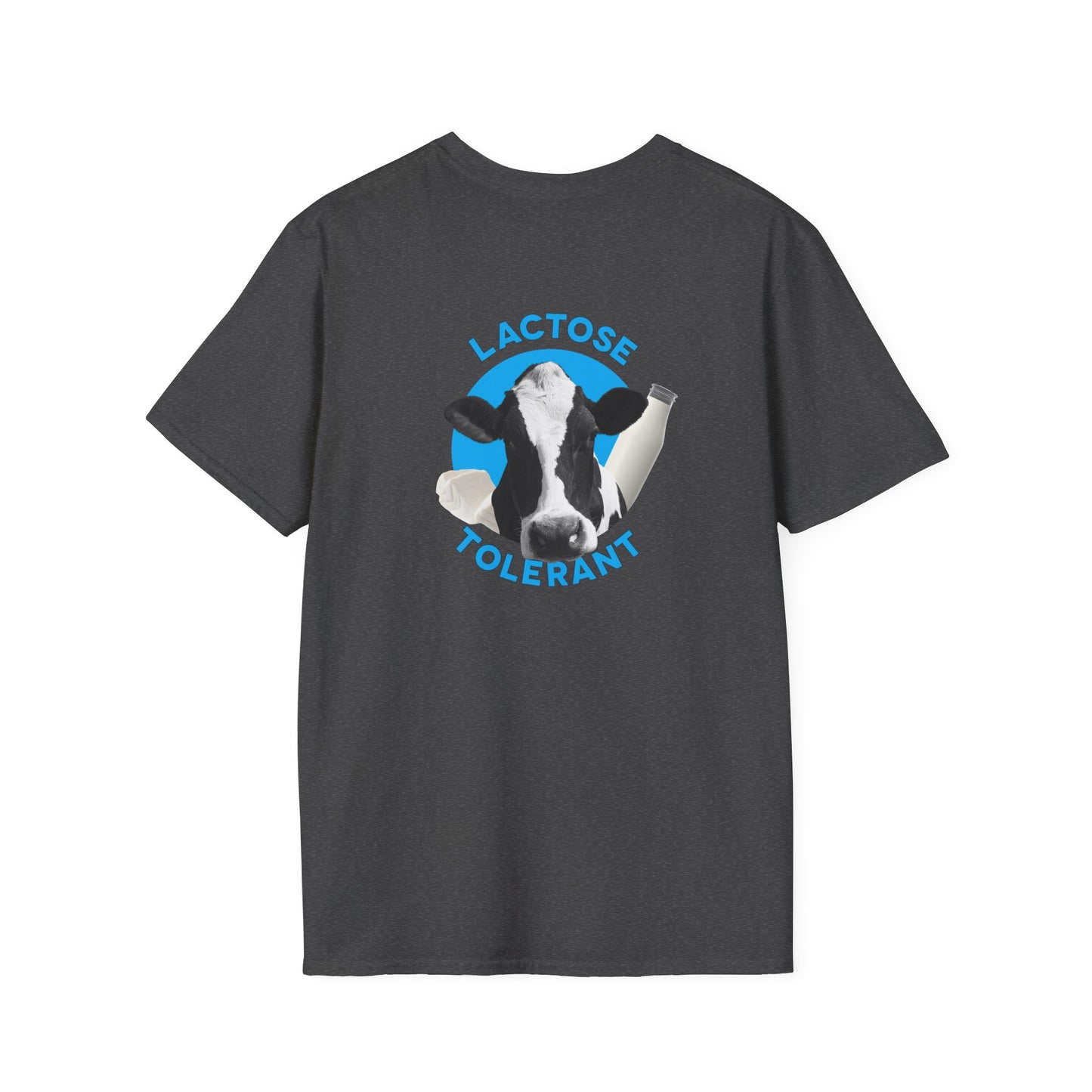 Lactose Tolerant t-shirt featuring cow illustration with milk bottle and cheese, funny dairy lover shirt for men and women.