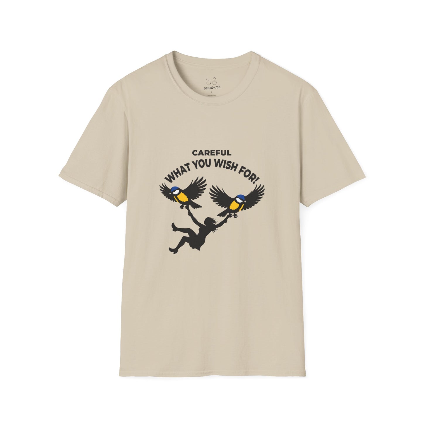 Funny big tits pun shirt showing two giant birds carrying a woman with the caption “Careful What You Wish For