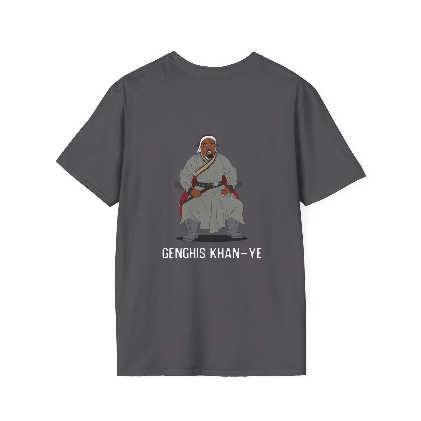 Genghis Khan Ye: Parody back print shirt illustration of Ye dressed as Genghis Khan in Mongolian armor. Funny hip hop culture pun.