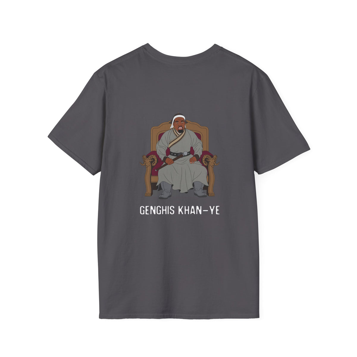 Genghis Khan Ye: Parody back print shirt illustration of Ye dressed as Genghis Khan in Mongolian armor. Funny hip hop culture pun.