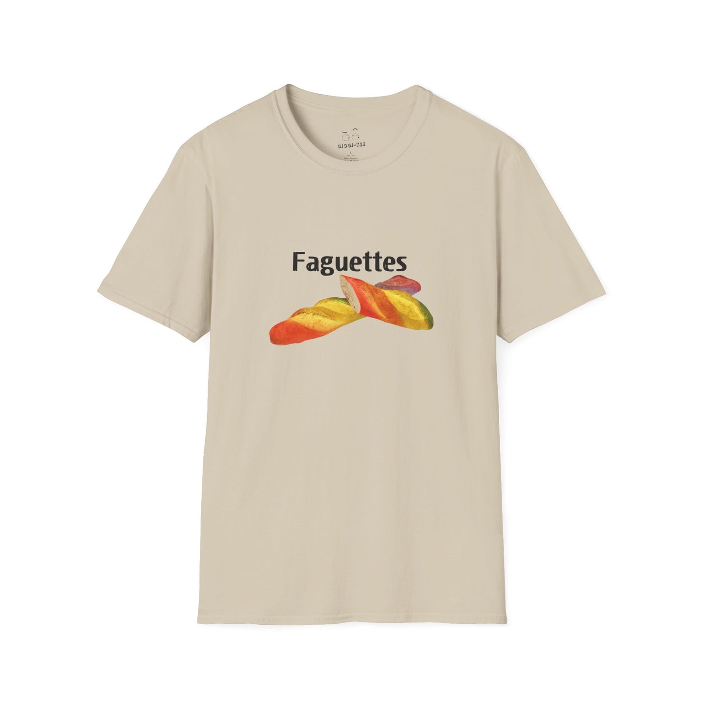 Funny rainbow baguette graphic on a unisex t-shirt featuring the parody design “Faguettes” with colorful pride-inspired artwork.