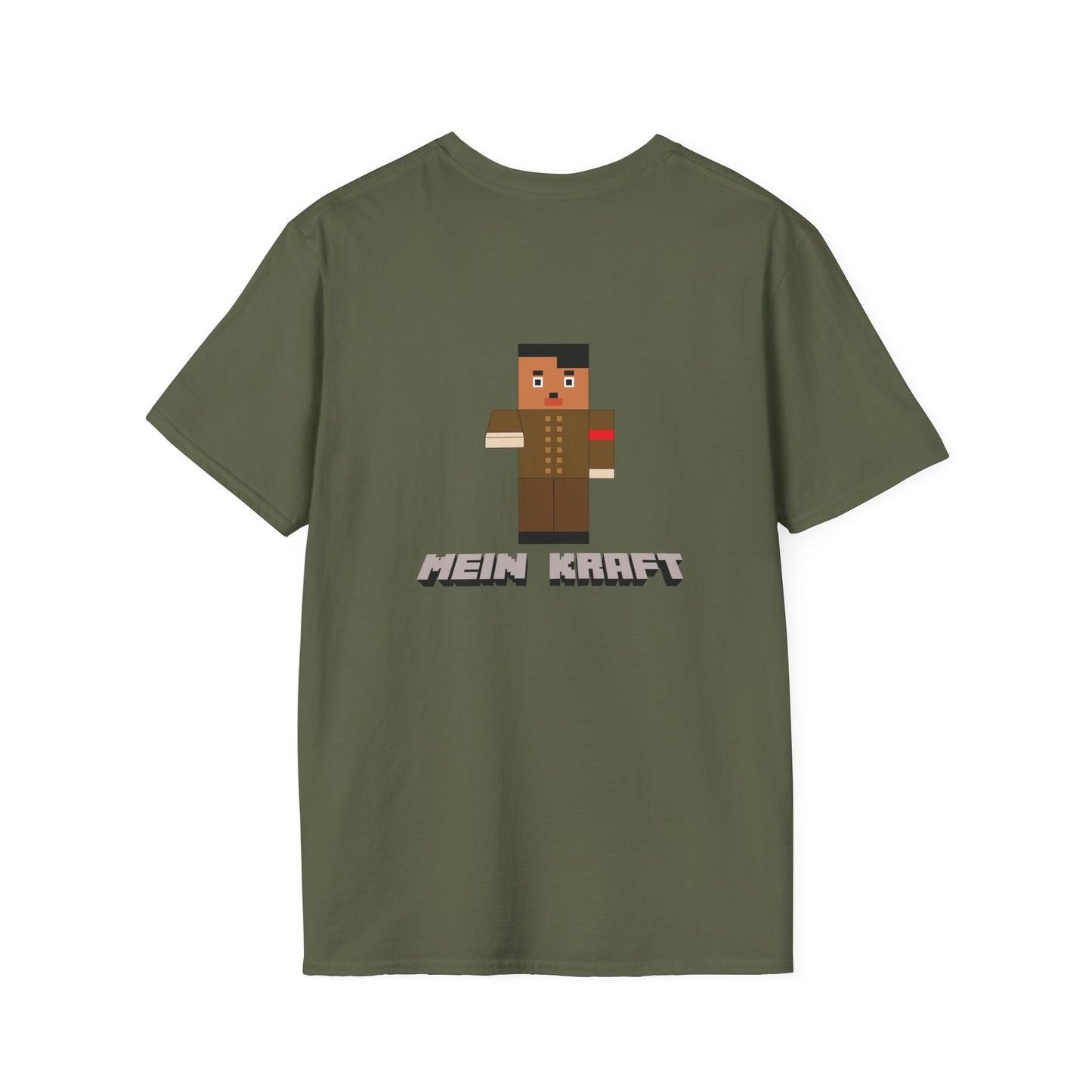 Back print T-shirt featuring a blocky Minecraft-style character dressed in a dictator’s uniform with a toothbrush mustache.
