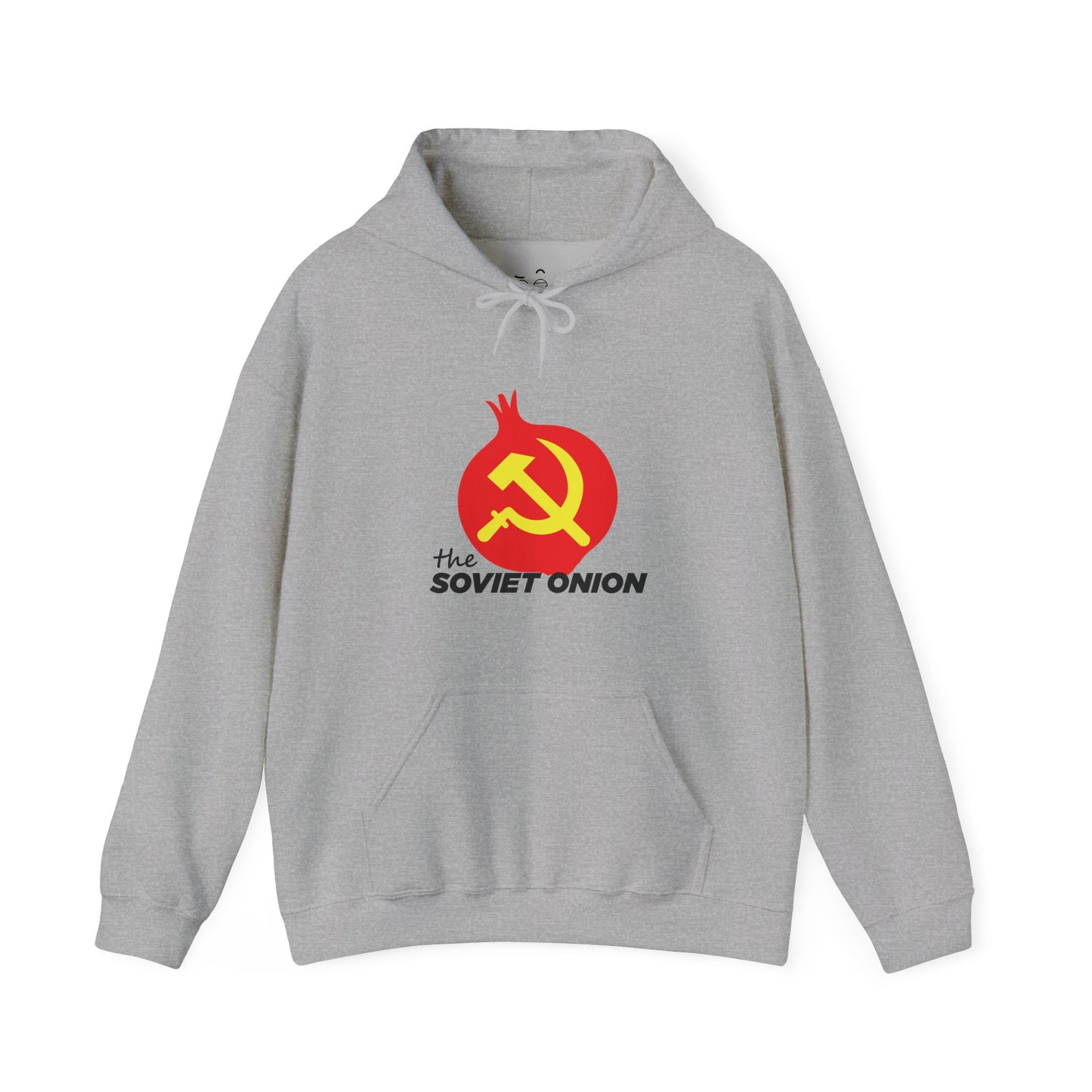 The Soviet Onion parody hoodie featuring a red vector-style onion with Soviet-inspired symbol design