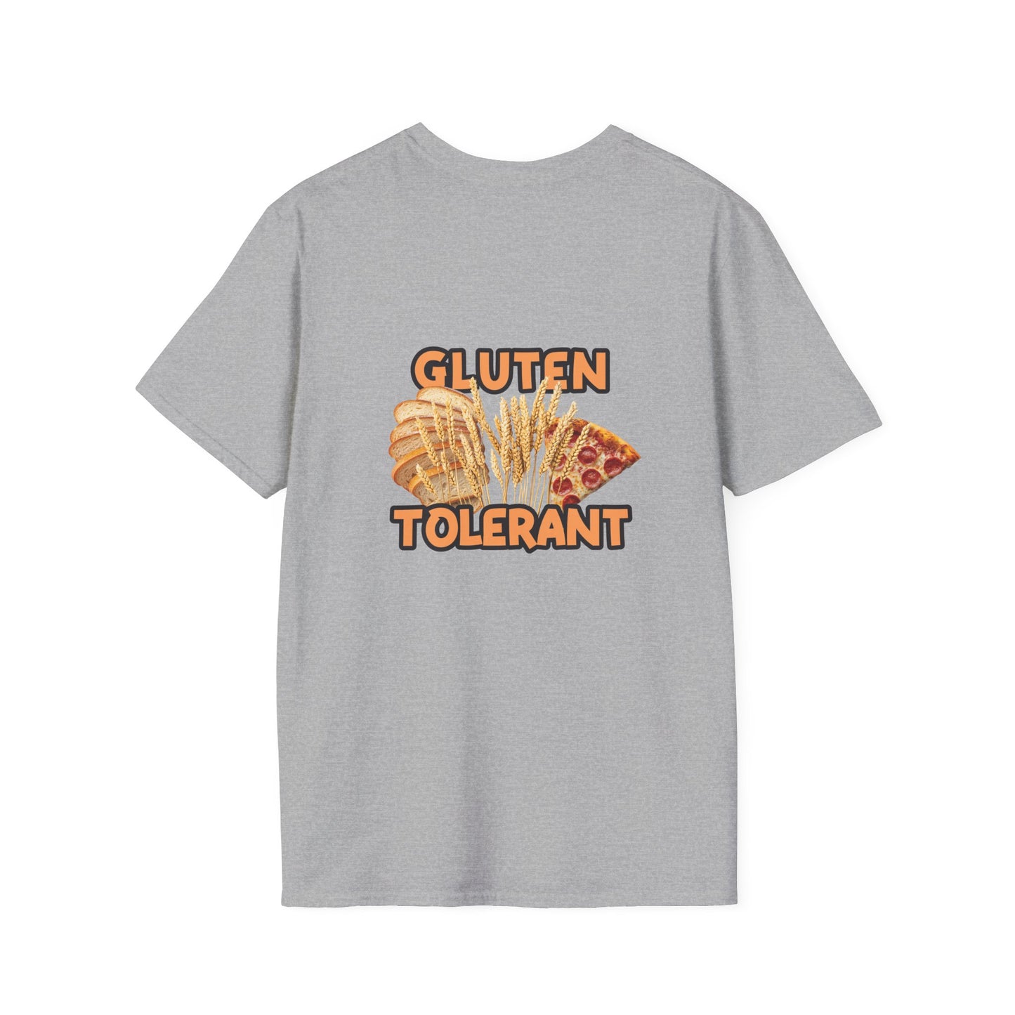 Gluten Tolerant t-shirt featuring wheat, bread, and pizza illustration