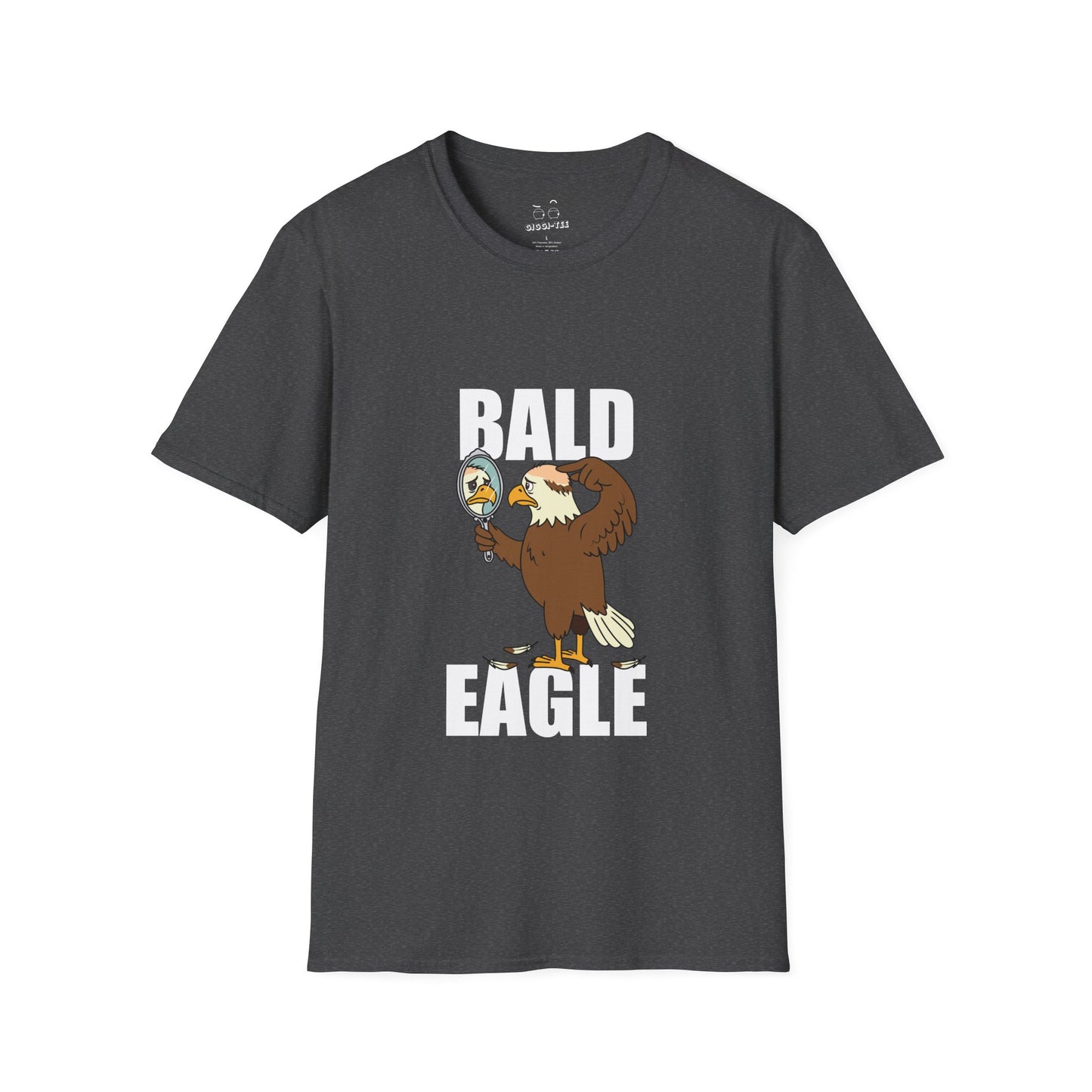 Bald Eagle t-shirt design with a sad eagle showing a bald spot, holding a mirror, and looking disappointed.
