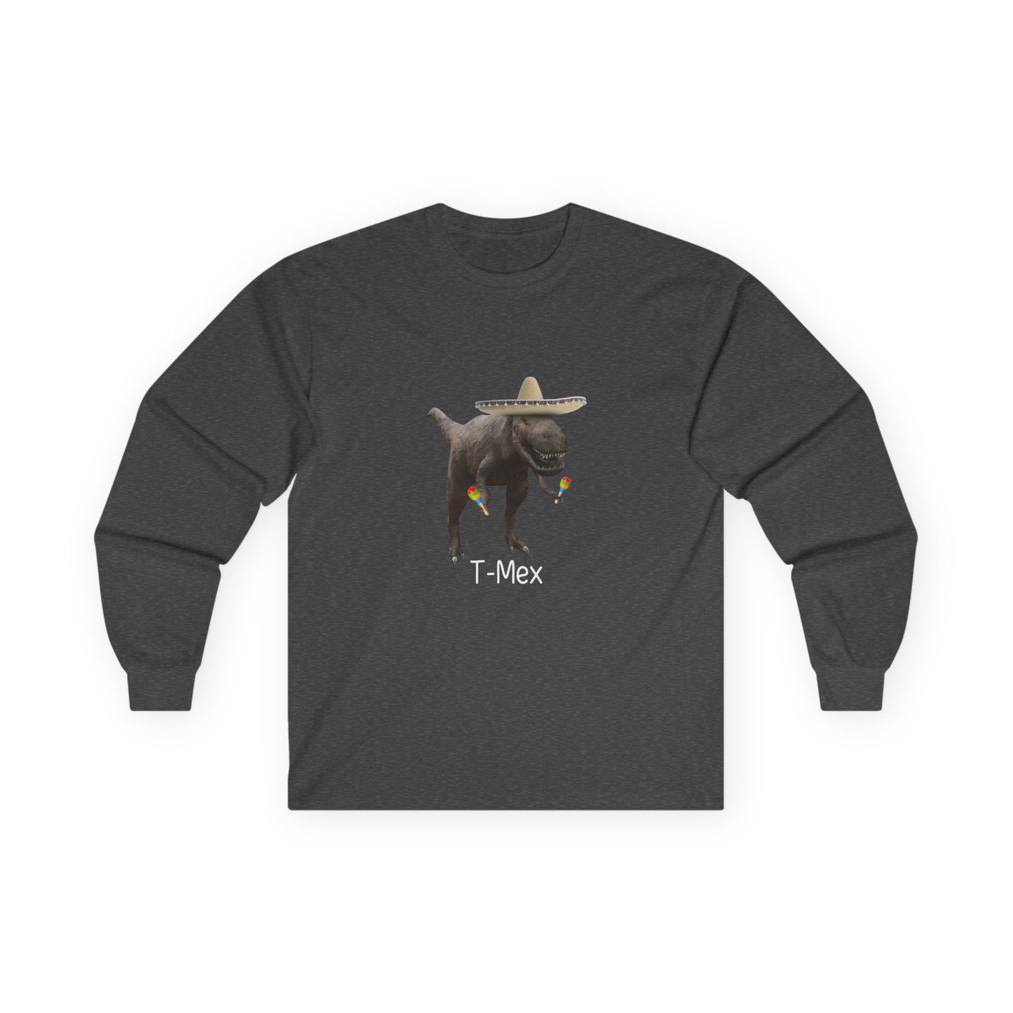 T-Mex dinosaur pun design on a long sleeve shirt featuring a festive T-Rex with a sombrero and maracas.