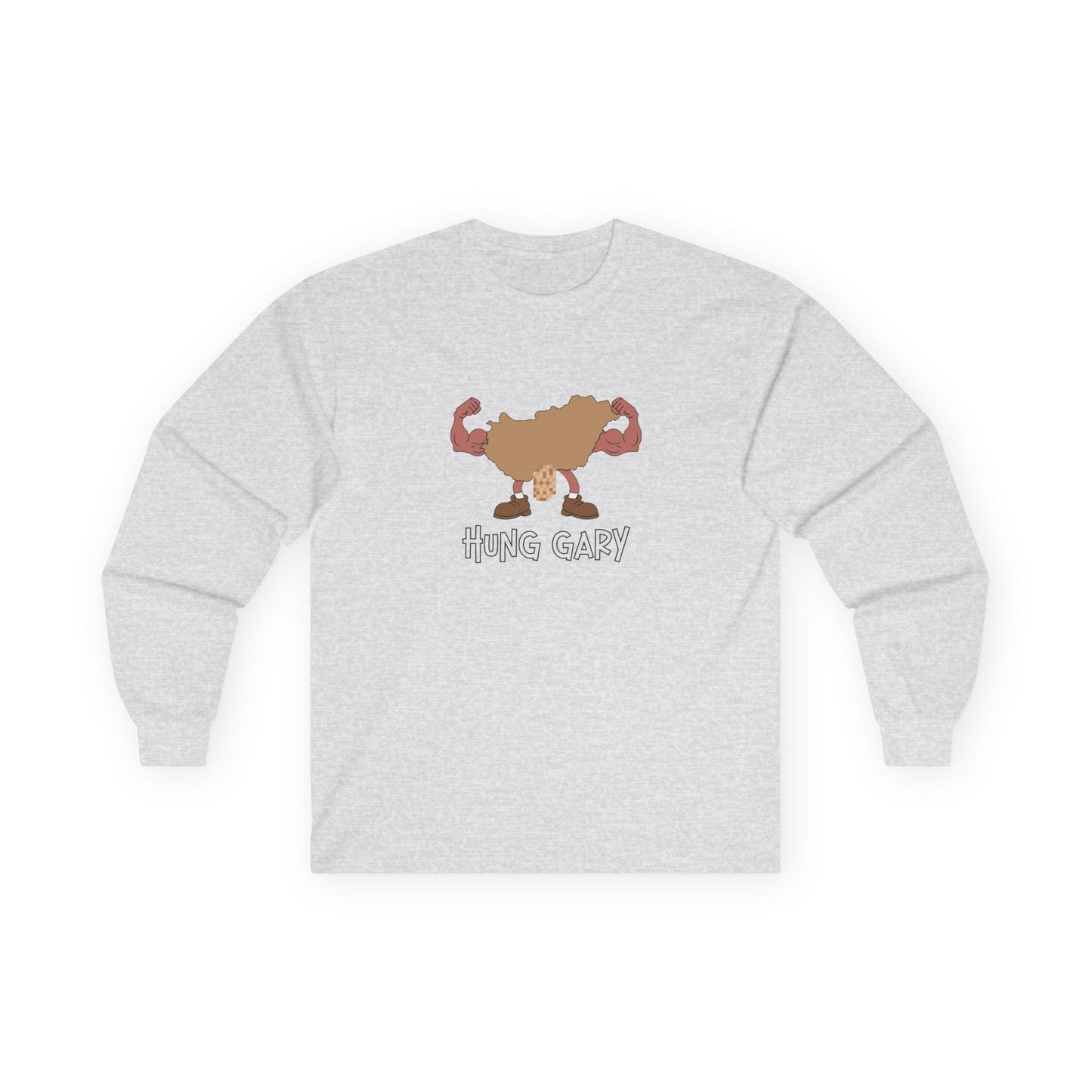 Hung Gary pun long sleeve shirt: Hungary map illustration flexing muscles with an adult-themed pixelated graphic. Funny geography.