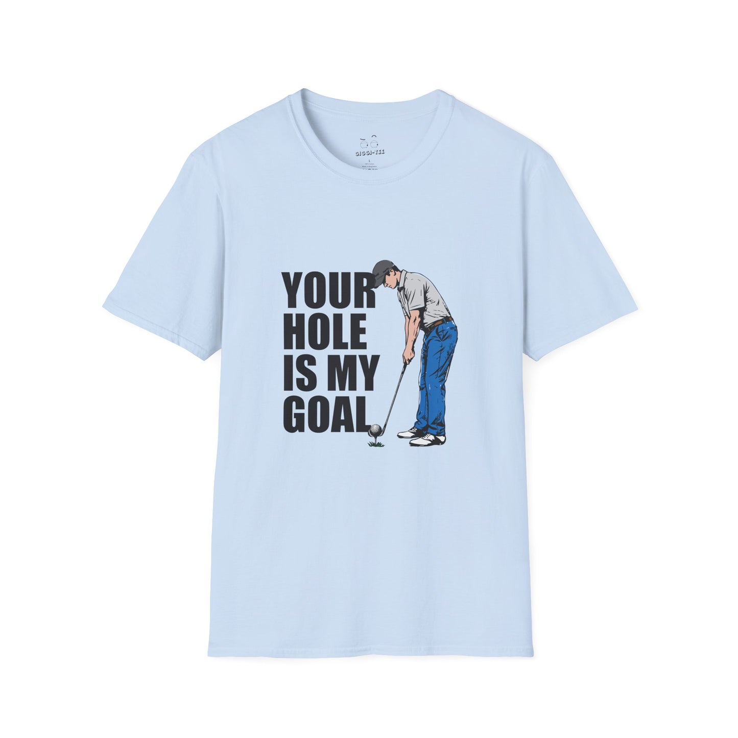 Funny golf design featuring a golfer with a golf club and ball on the pin, with the text “Your Hole Is My Goal.”