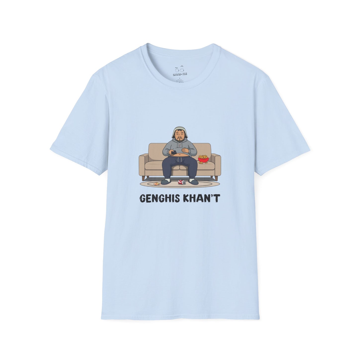 Genghis Khan't featuring Genghis Khan wearing gray sweatpants and hoodie, lounging on a couch in front of a TV, modern humorous historical parody t-shirt design