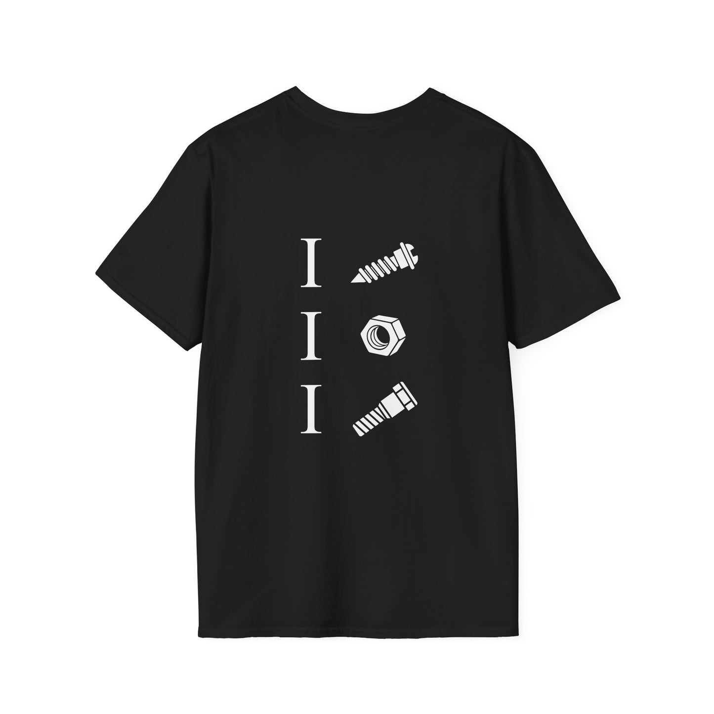 back print t-shirt with icons of a screw, nut, and bolt alongside text ‘I Screw I Nut I Bolt,’ pun design.
