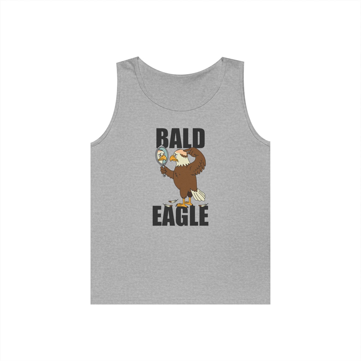 Bald Eagle tank top graphic featuring a sad eagle with a bald spot looking in a mirror.
