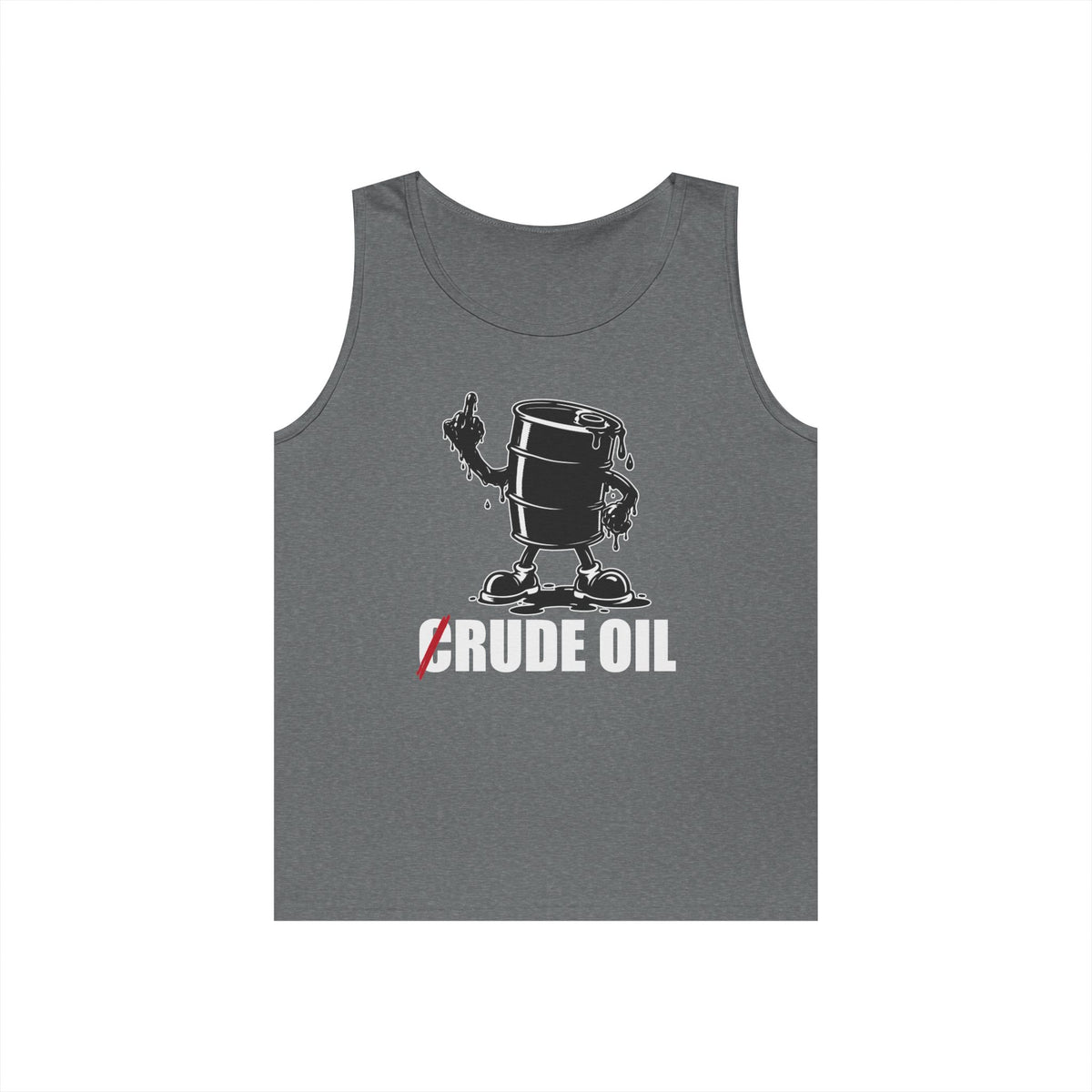 Graphic tank top featuring an illustrated Rude Oil barrel giving the middle finger with an oil-shaped hand and the C in Crude Oil crossed out.
