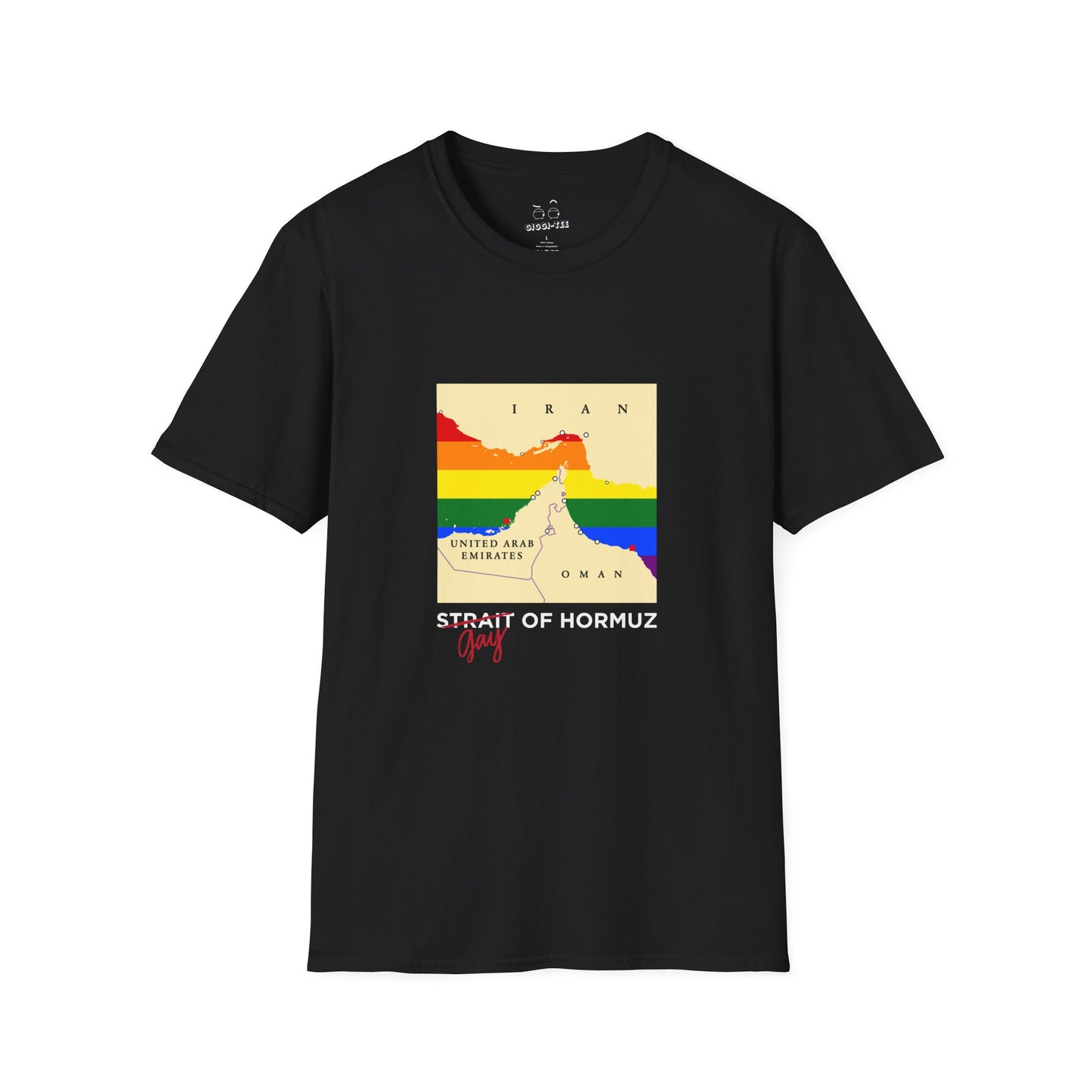 Funny shirt with minimalist vector map of the Strait of Hormuz, Gay of Hormuz with a rainbow Pride flag filling the water between landmasses.