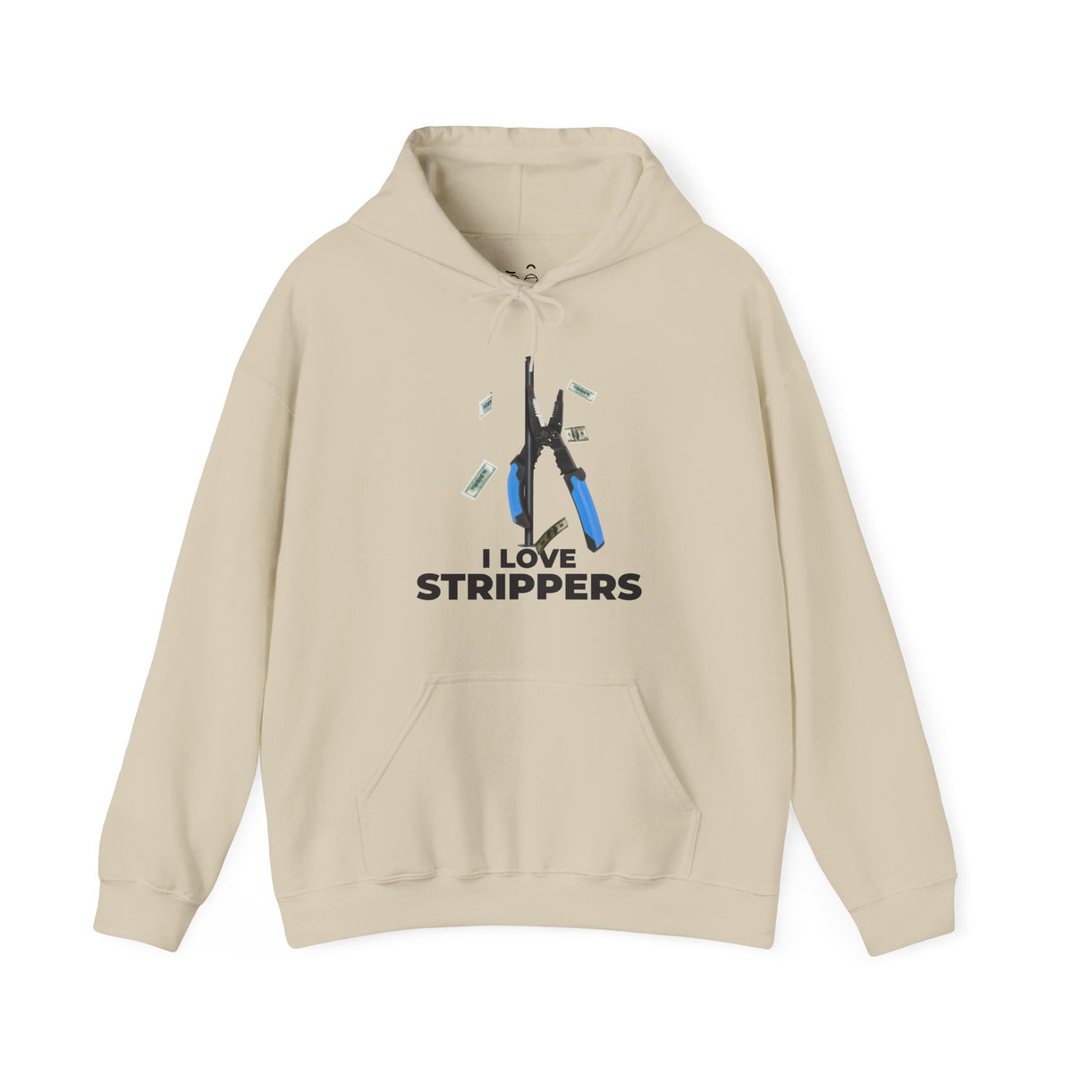 I Love Strippers Hoodie with a wire stripper dancing on a pole and dollar bills flying around, funny electrician graphic.