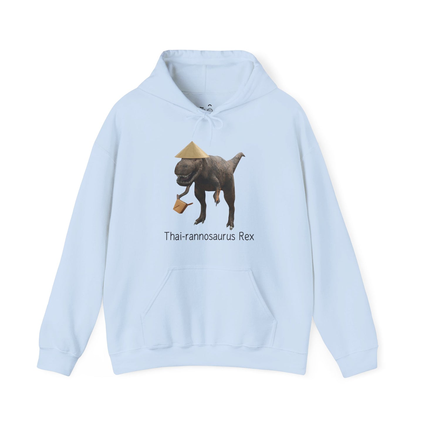 Thai-rannosaurus Rex hoodie featuring a T-Rex with chopsticks and takeout box