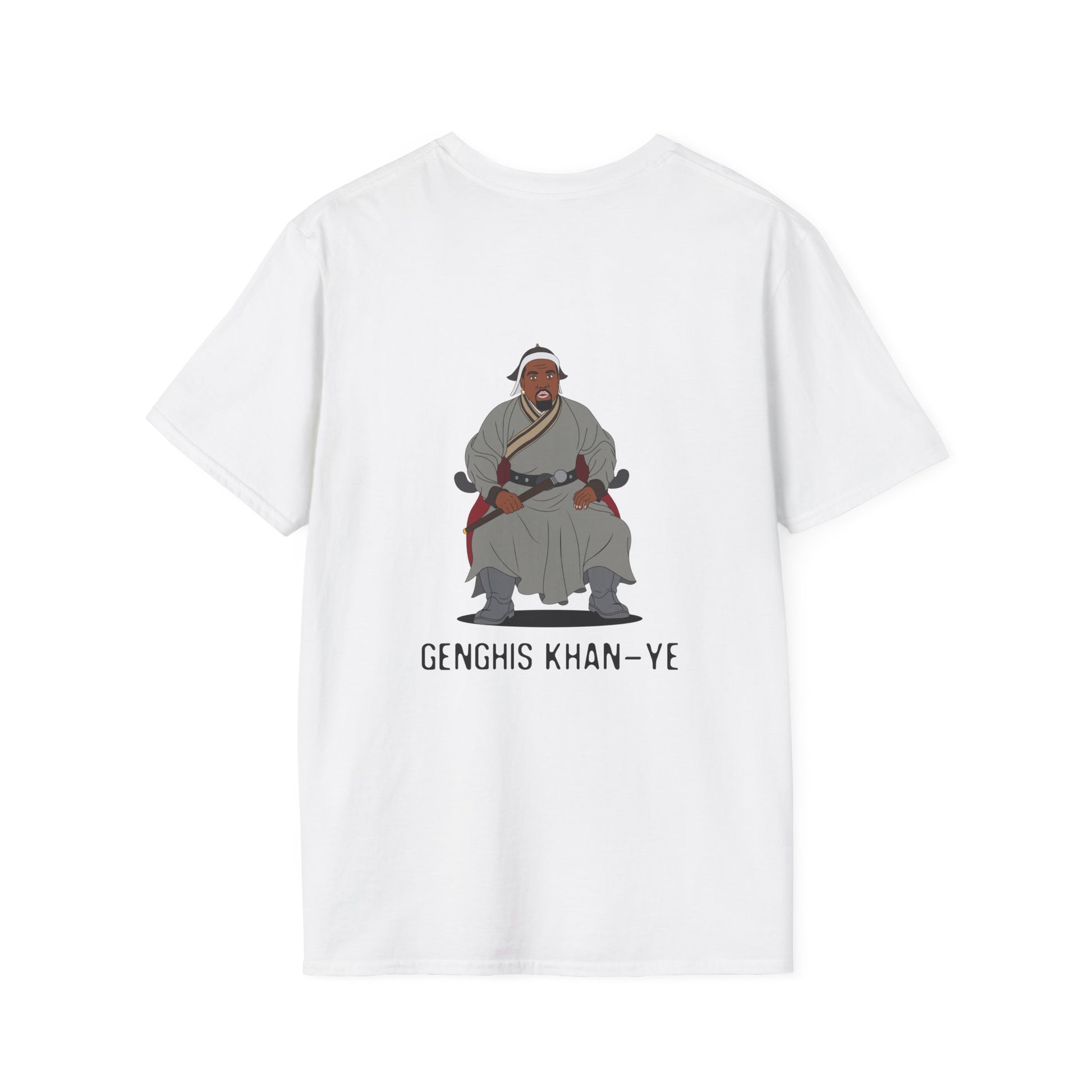 Genghis Khan Ye: Parody back print shirt illustration of Ye dressed as Genghis Khan in Mongolian armor. Funny hip hop culture pun.