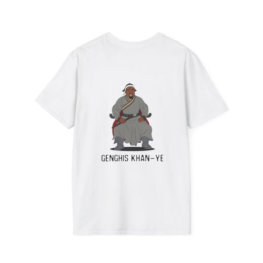 Genghis Khan Ye: Parody back print shirt illustration of Ye dressed as Genghis Khan in Mongolian armor. Funny hip hop culture pun.