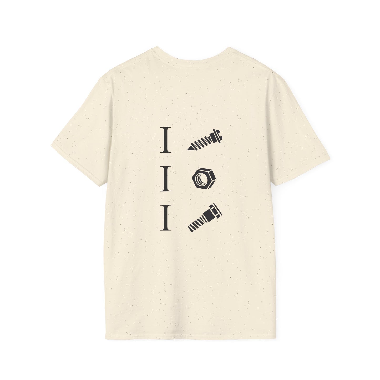 back print t-shirt with icons of a screw, nut, and bolt alongside text ‘I Screw I Nut I Bolt,’ pun design.