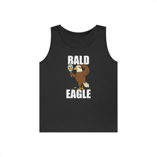 Bald Eagle tank top graphic featuring a sad eagle with a bald spot looking in a mirror.