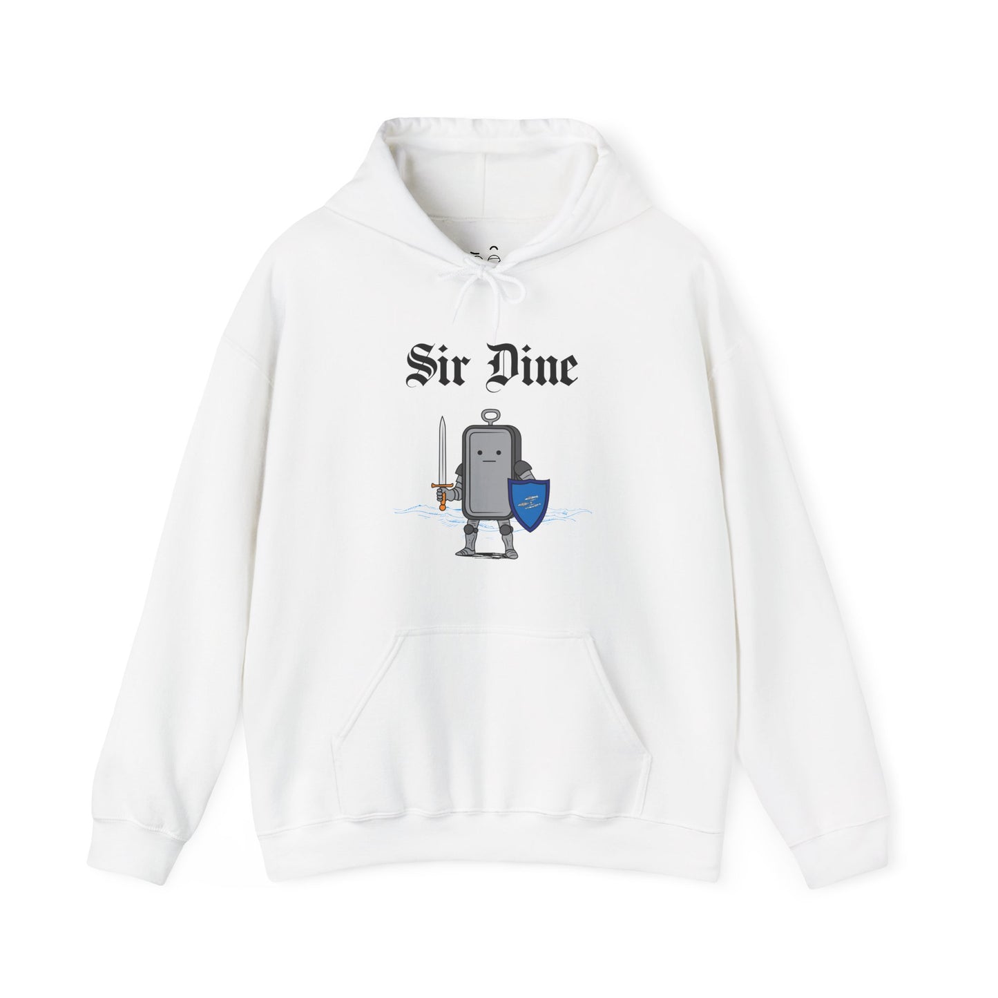 Sir Dine hoodie graphic showing a sardine can dressed as a knight in shining armor