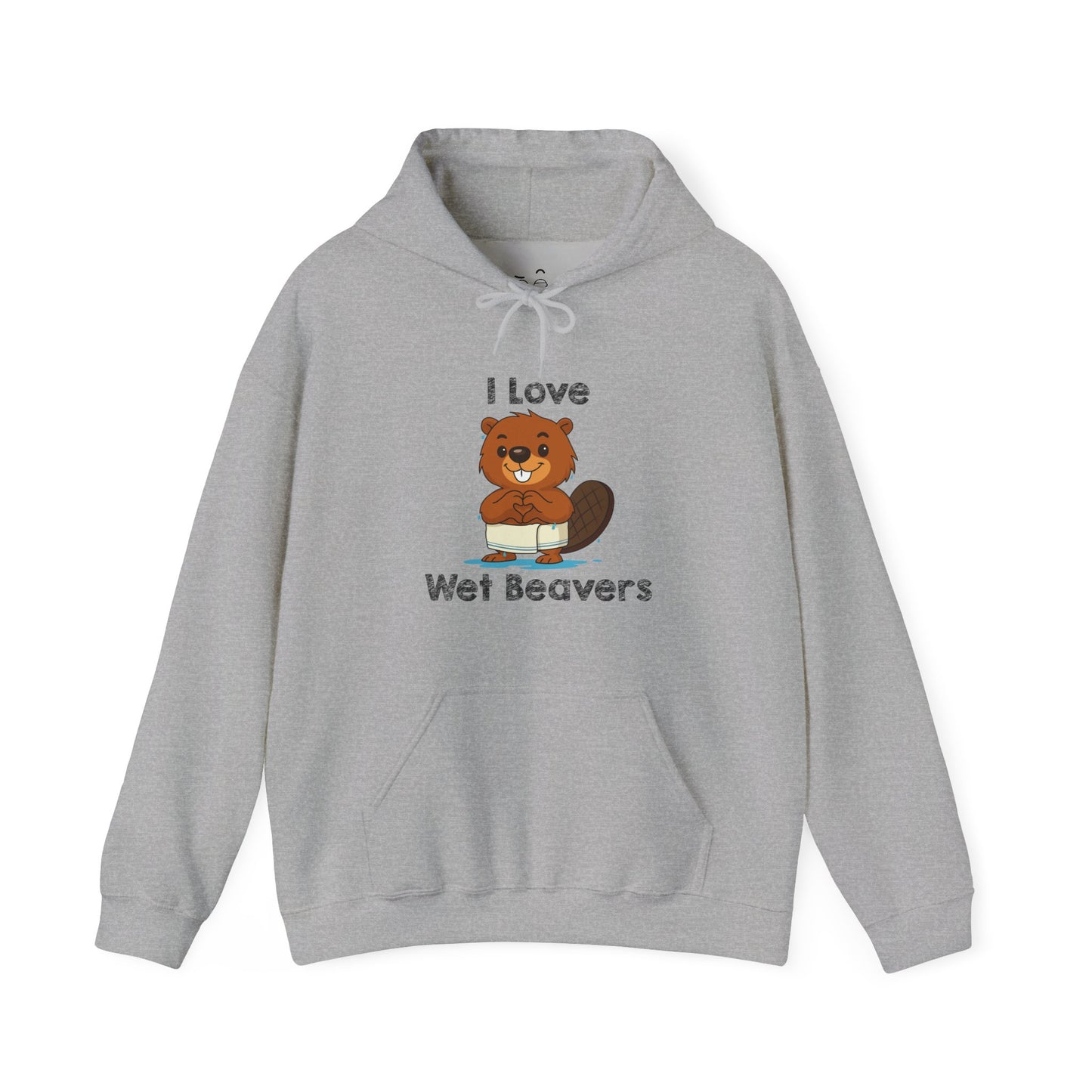 I Love Wet Beavers hoodie graphic featuring a dripping wet beaver with towel around its waist making a heart sign