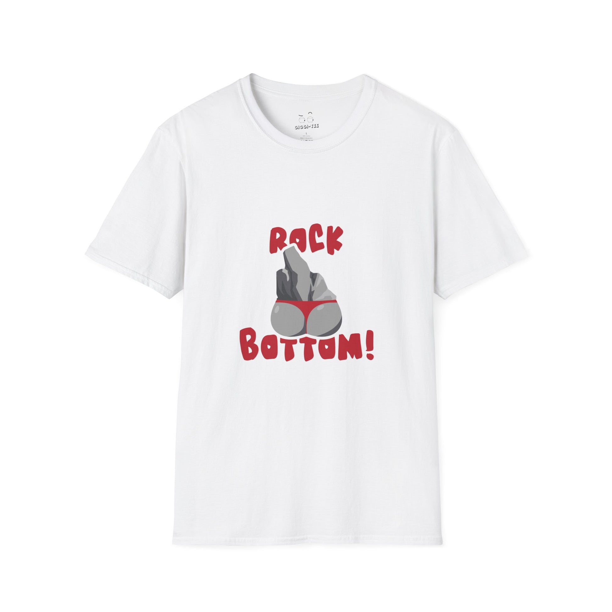 T-shirt with a humorous illustration of a literal jagged rock wearing a red bikini bottom, a visual pun on the phrase "rock bottom."