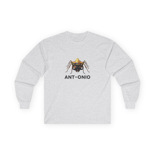 Antonio ant long sleeve shirt featuring an ant with a big mustache and sombrero. Funny Spanish name pun and animal graphic.