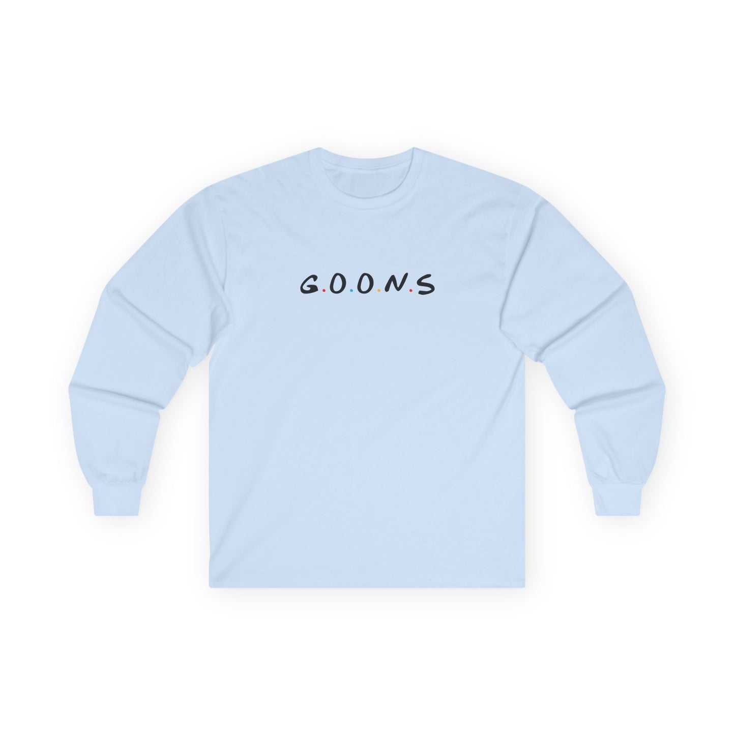 Goons long sleeve shirt design featuring the logo of friends comedy sitcom, humorous parody apparel