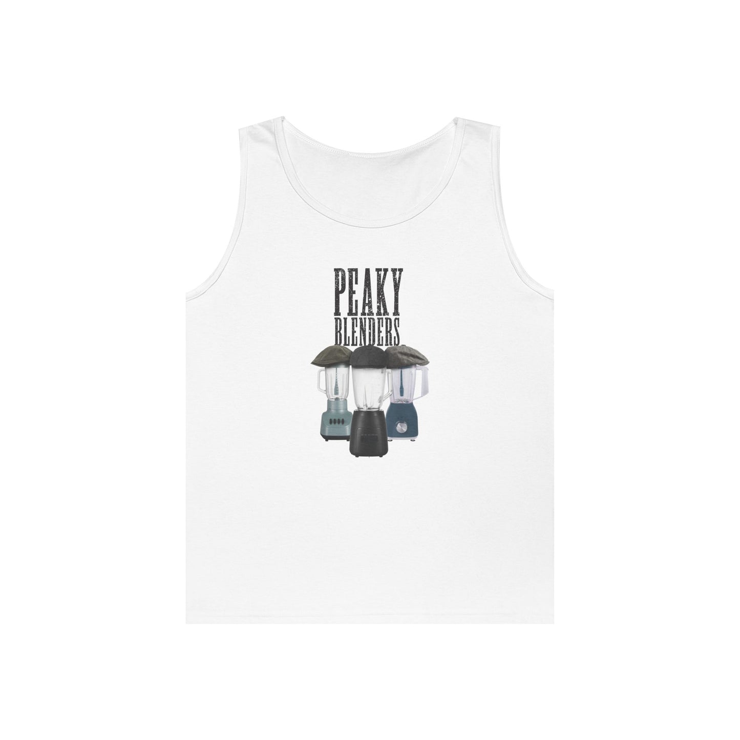 Funny Peaky Blenders design featuring three blenders styled as gangster characters in flat caps with a minimalist parody crime drama aesthetic.
