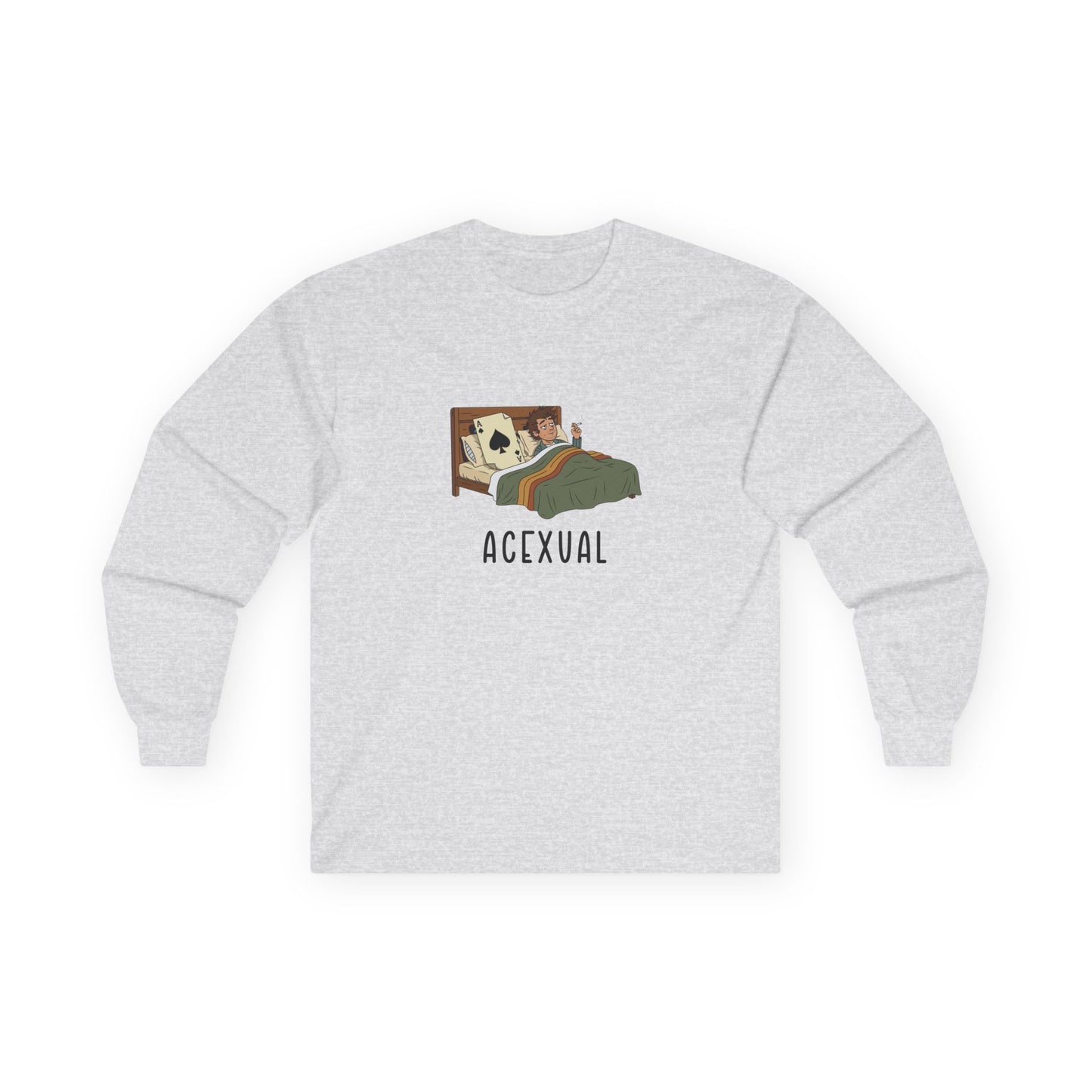 Funny Acexual long sleeve shirt design showing a man lying in bed next to an Ace playing card in a humorous asexual pun illustration.