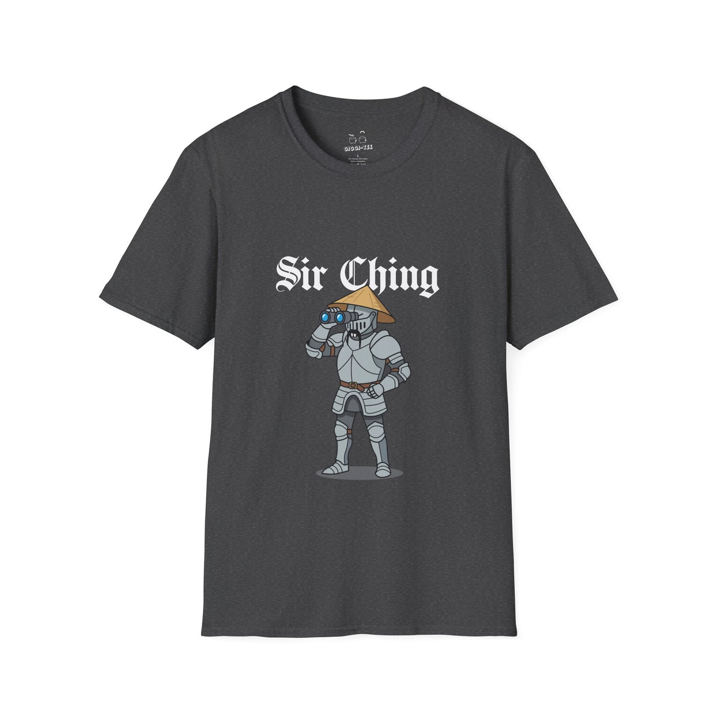 Sir Ching funny knight graphic shirt showing a goofy Asian-inspired medieval knight in shining armor searching with binoculars, wearing a cone hat and buck teeth.