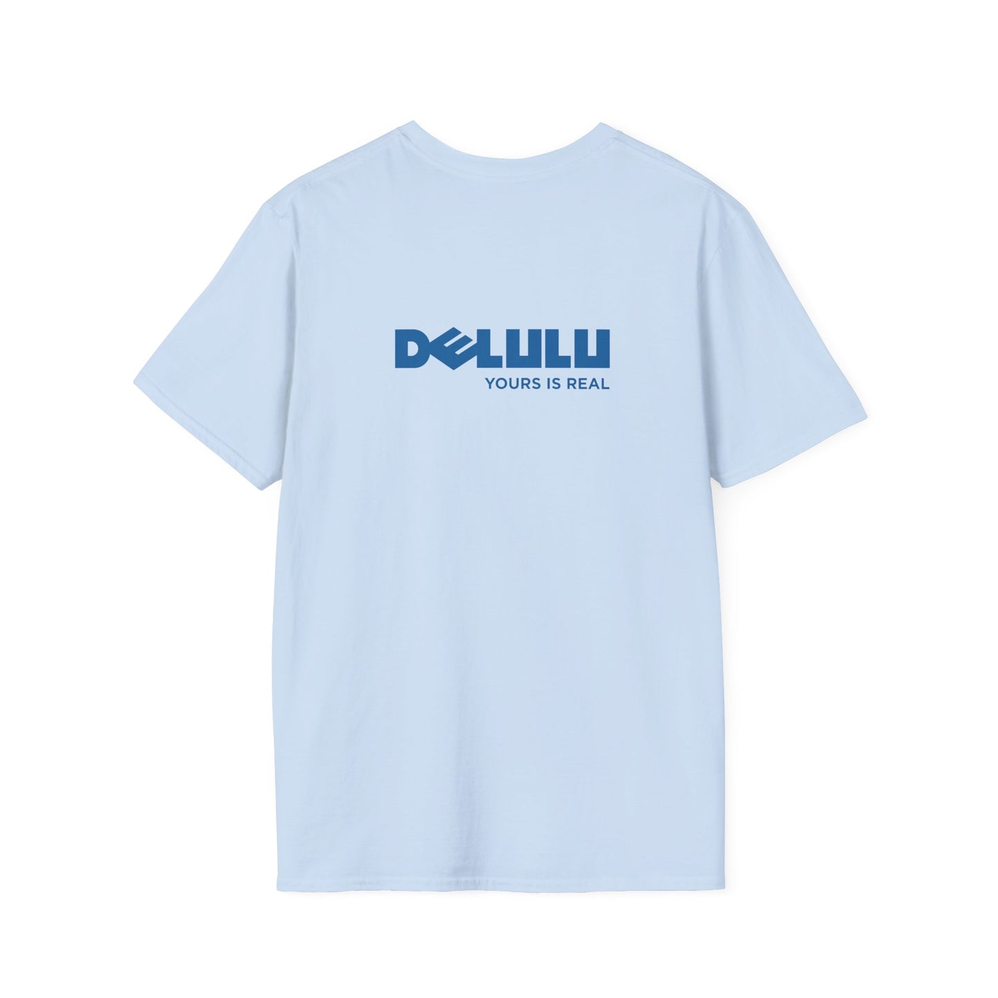 Delulu parody back print t-shirt design with Dell logo transformed into the word ‘Delulu’, nerdy tech humor shirt, laptop and computer fan gift