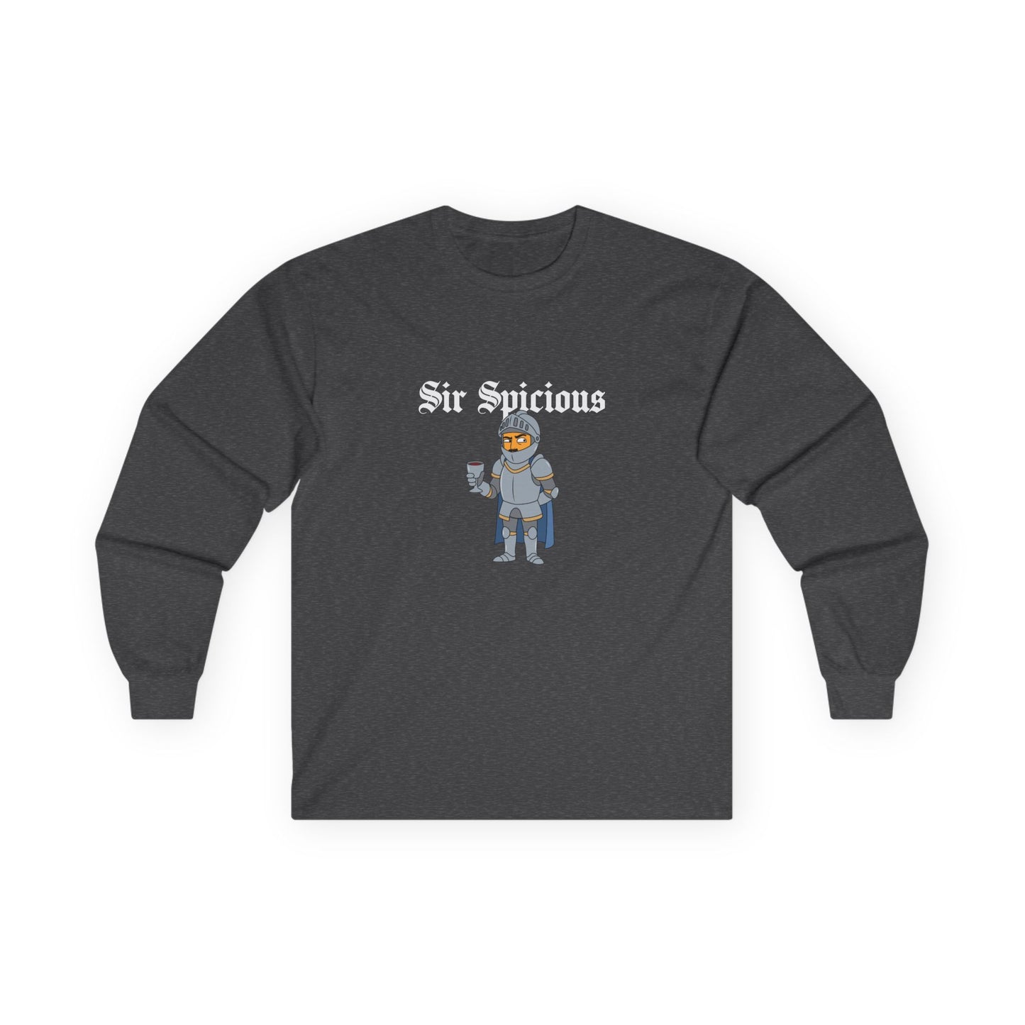 Sir Spicious funny suspicious knight graphic on a white long sleeve shirt