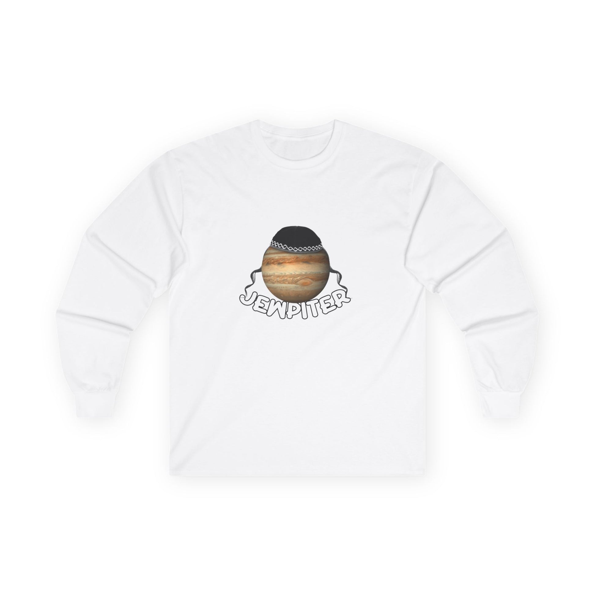Funny parody of Jupiter with traditional headwear and curls — space-themed pun shirt with cultural twist
