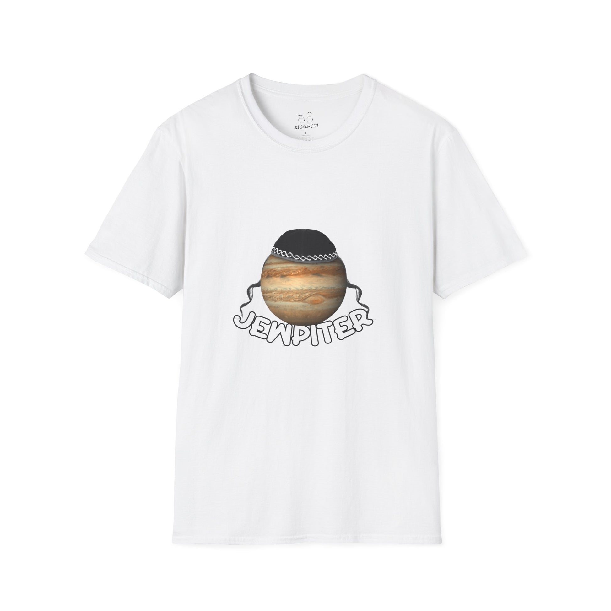 Funny parody of Jupiter with traditional headwear and curls — space-themed pun shirt with cultural twist