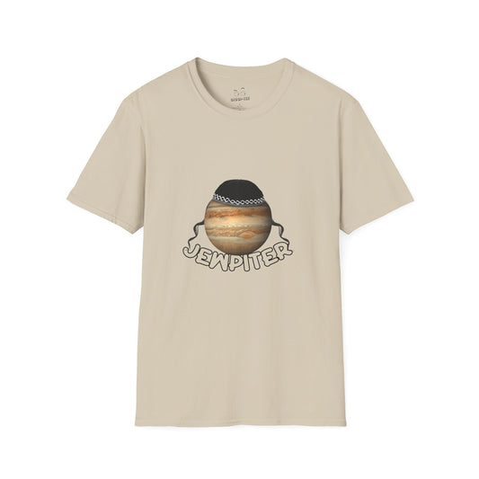 Funny parody of Jupiter with traditional headwear and curls — space-themed pun shirt with cultural twist