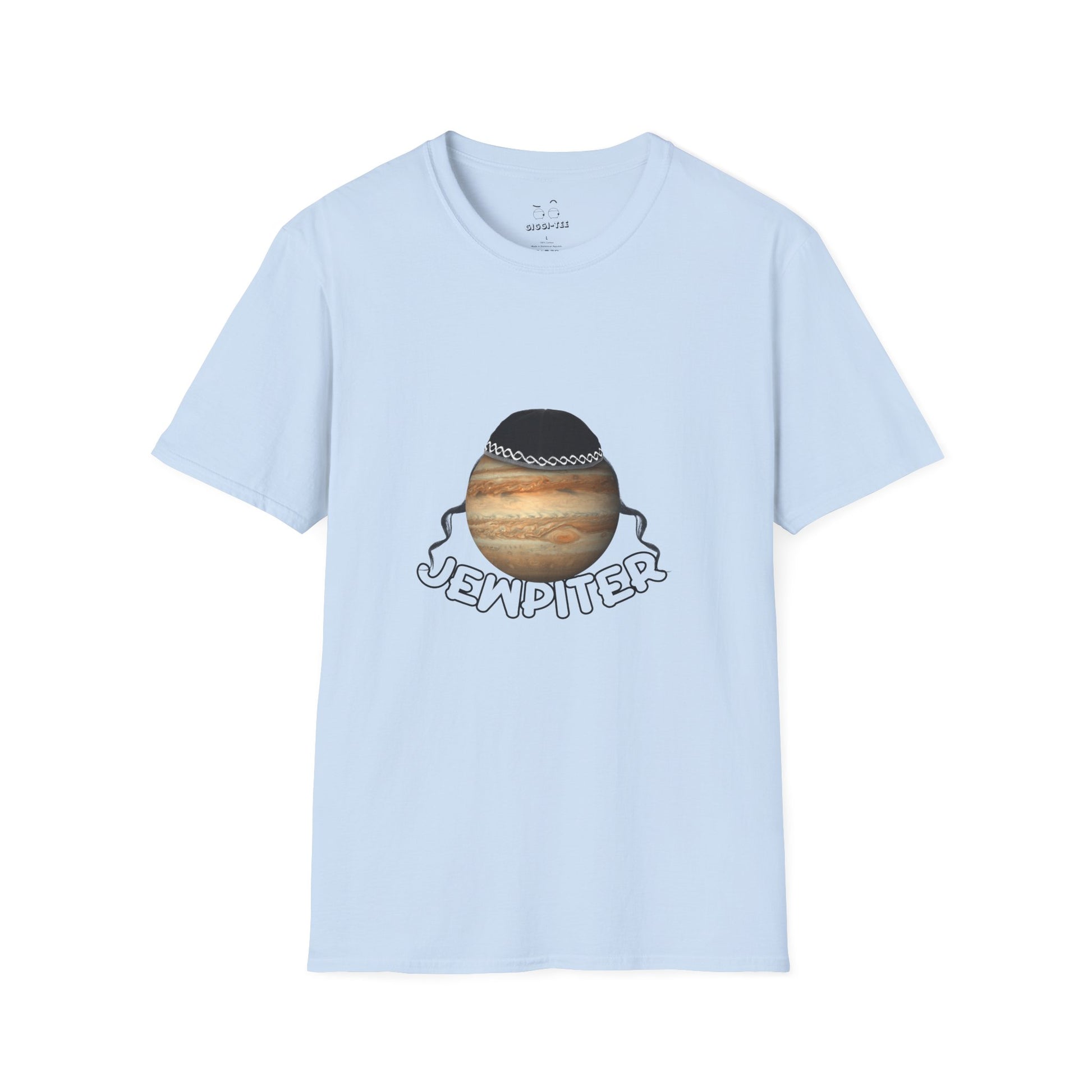Funny parody of Jupiter with traditional headwear and curls — space-themed pun shirt with cultural twist