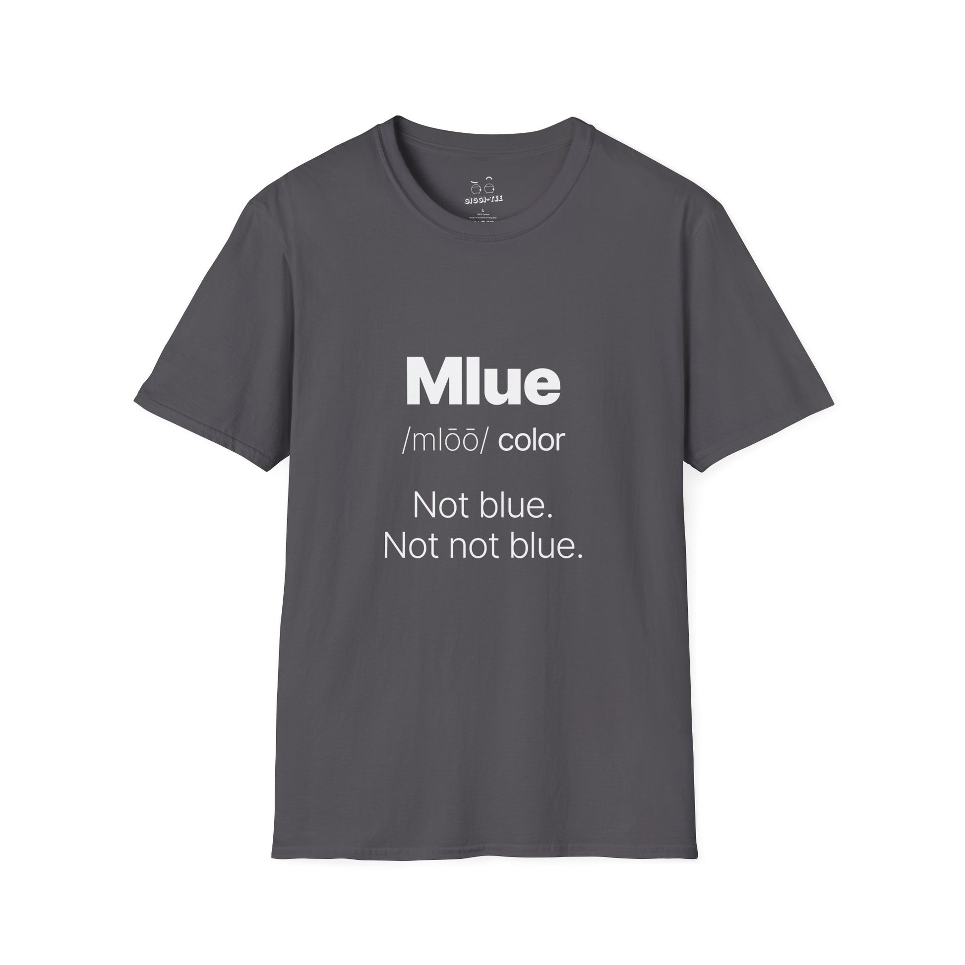 Viral meme shirt inspired by the kid who said "Mlue" as a color — funny internet moment parody t-shirt featuring confident kid logic