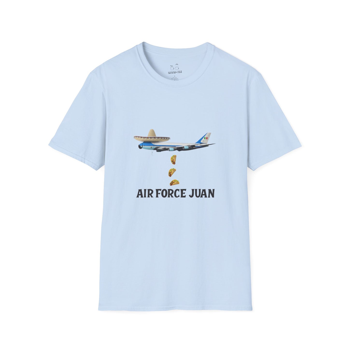 Funny Air Force Juan design: Air Force One plane wearing sombrero and mustache, raining tacos.