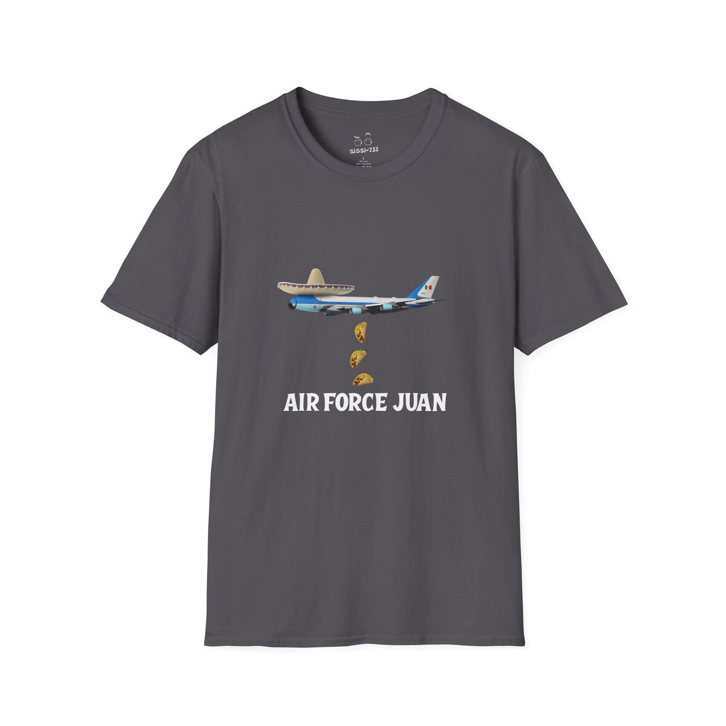 Funny Air Force Juan design: Air Force One plane wearing sombrero and mustache, raining tacos.