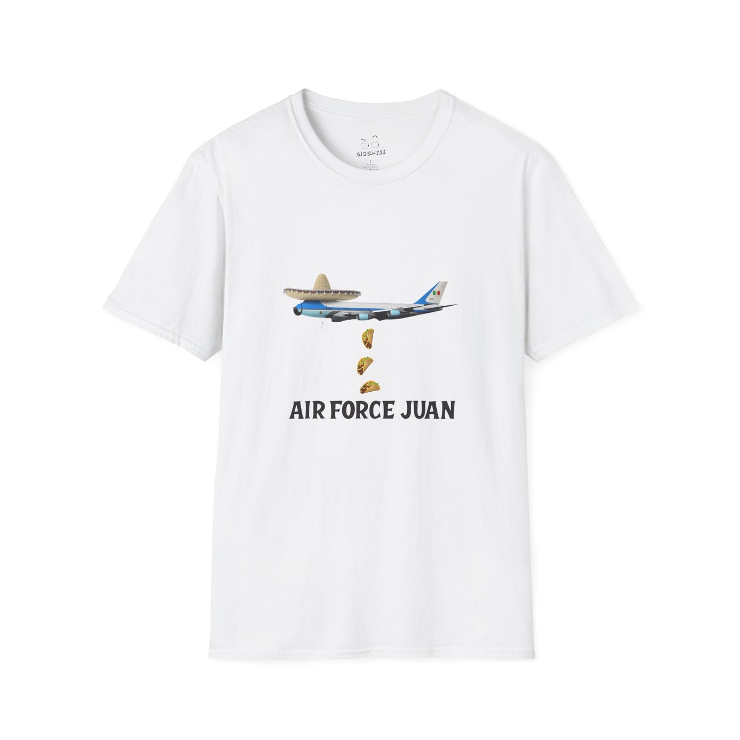 Funny Air Force Juan design: Air Force One plane wearing sombrero and mustache, raining tacos.
