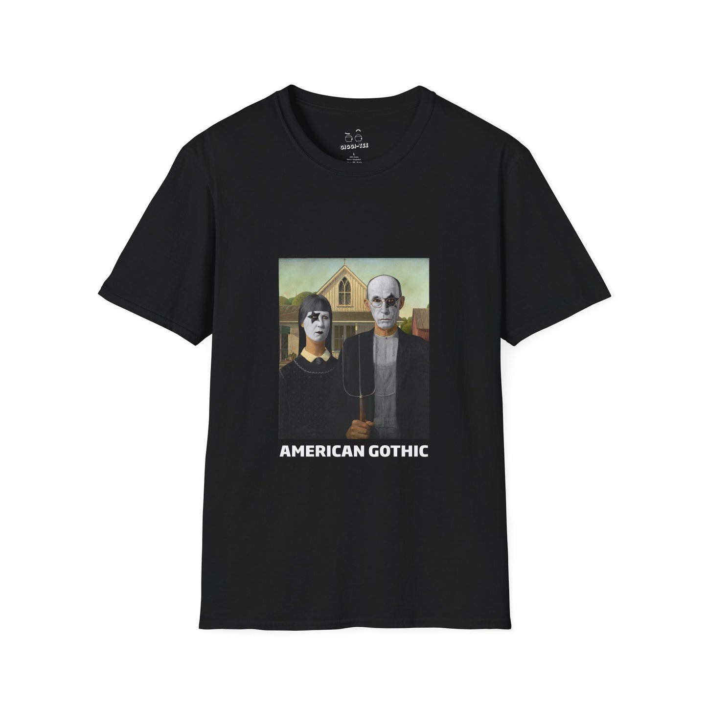 American Gothic parody shirt featuring gothic versions of the farmer and wife with makeup and black hair