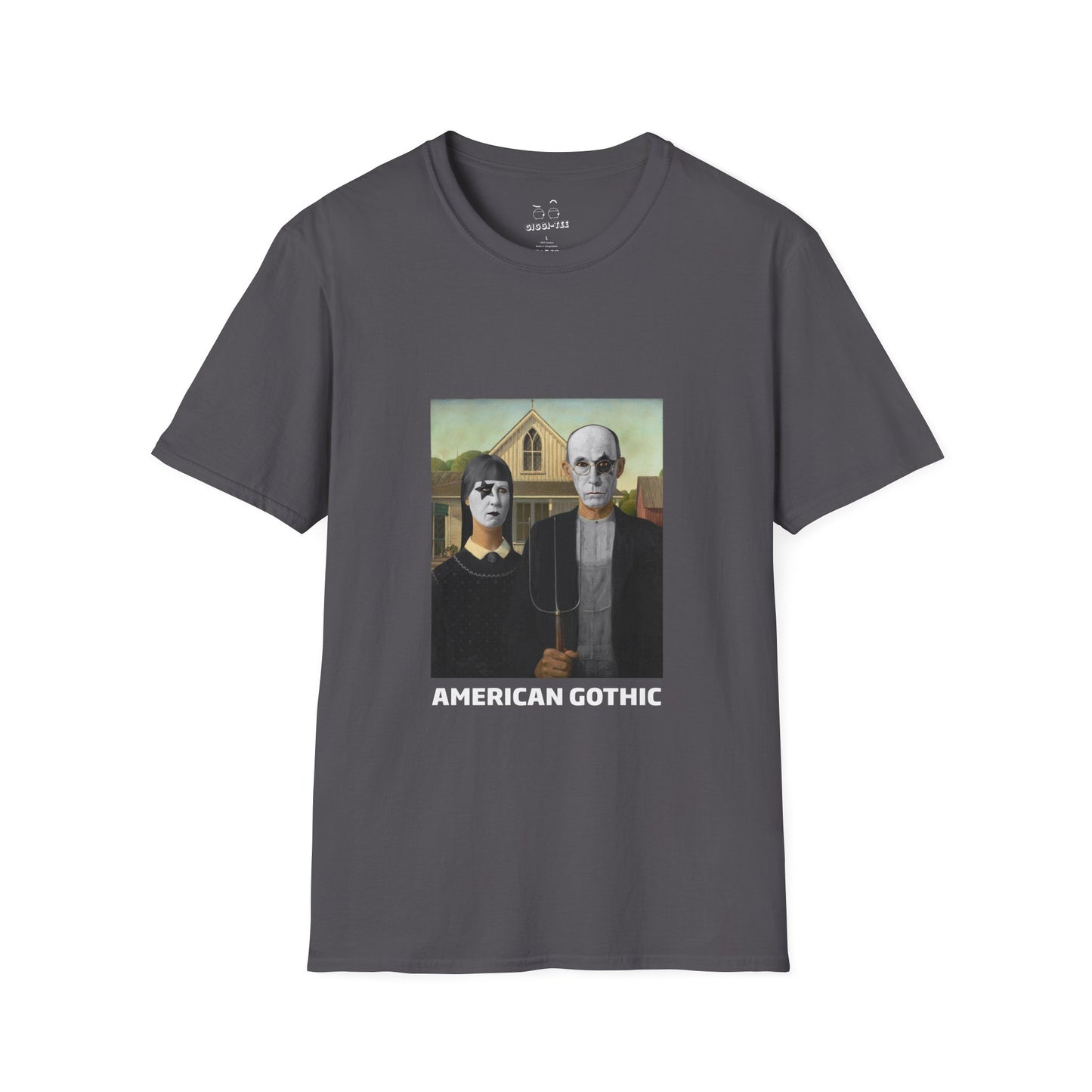 American Gothic parody shirt featuring gothic versions of the farmer and wife with makeup and black hair