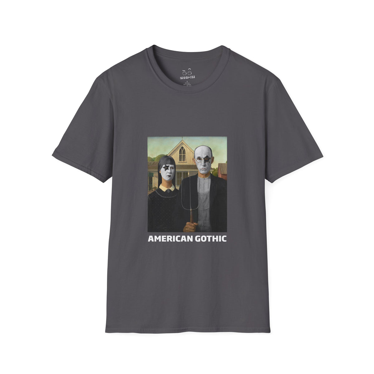 American Gothic parody shirt featuring gothic versions of the farmer and wife with makeup and black hair