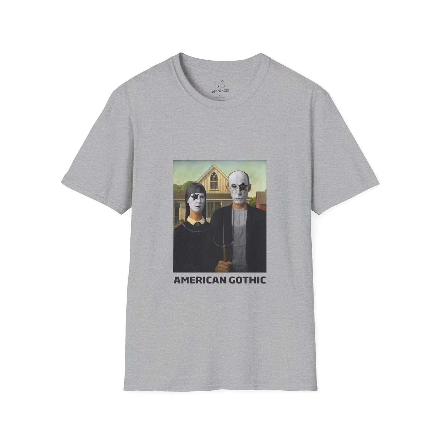 American Gothic parody shirt featuring gothic versions of the farmer and wife with makeup and black hair