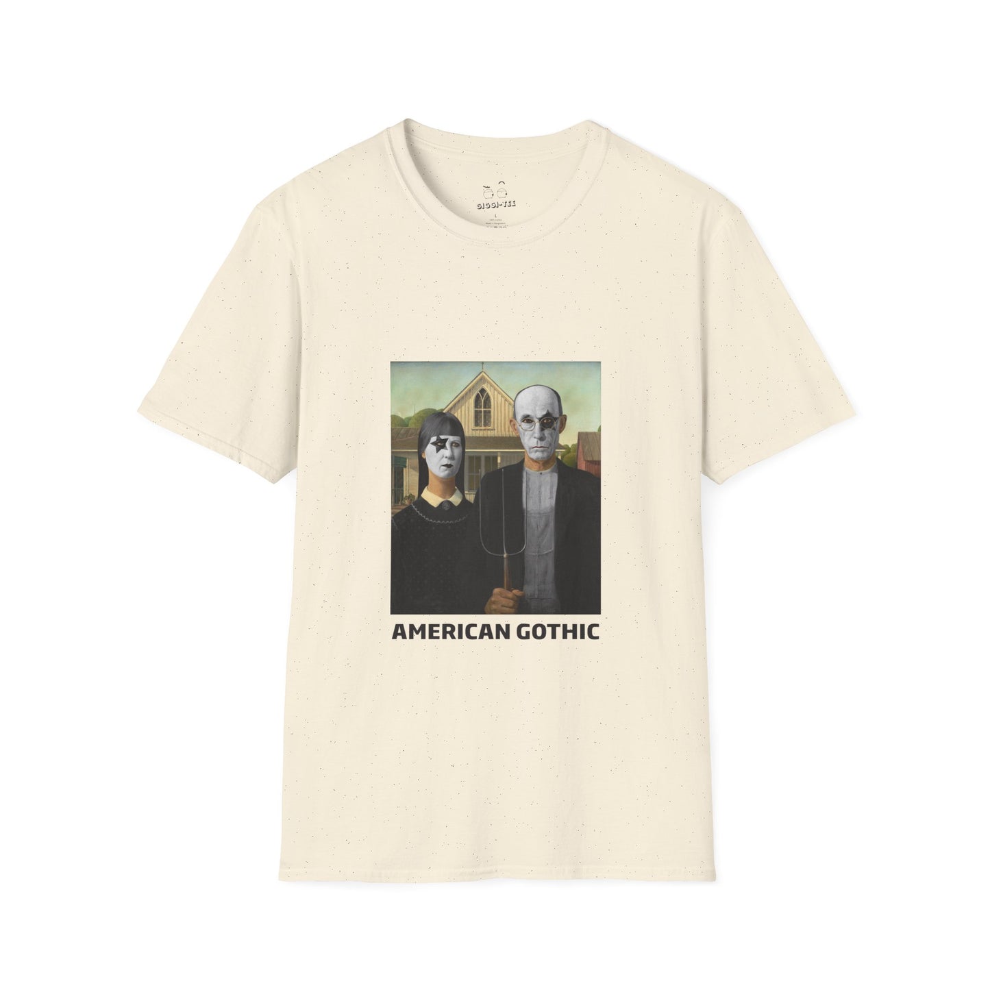 American Gothic parody shirt featuring gothic versions of the farmer and wife with makeup and black hair