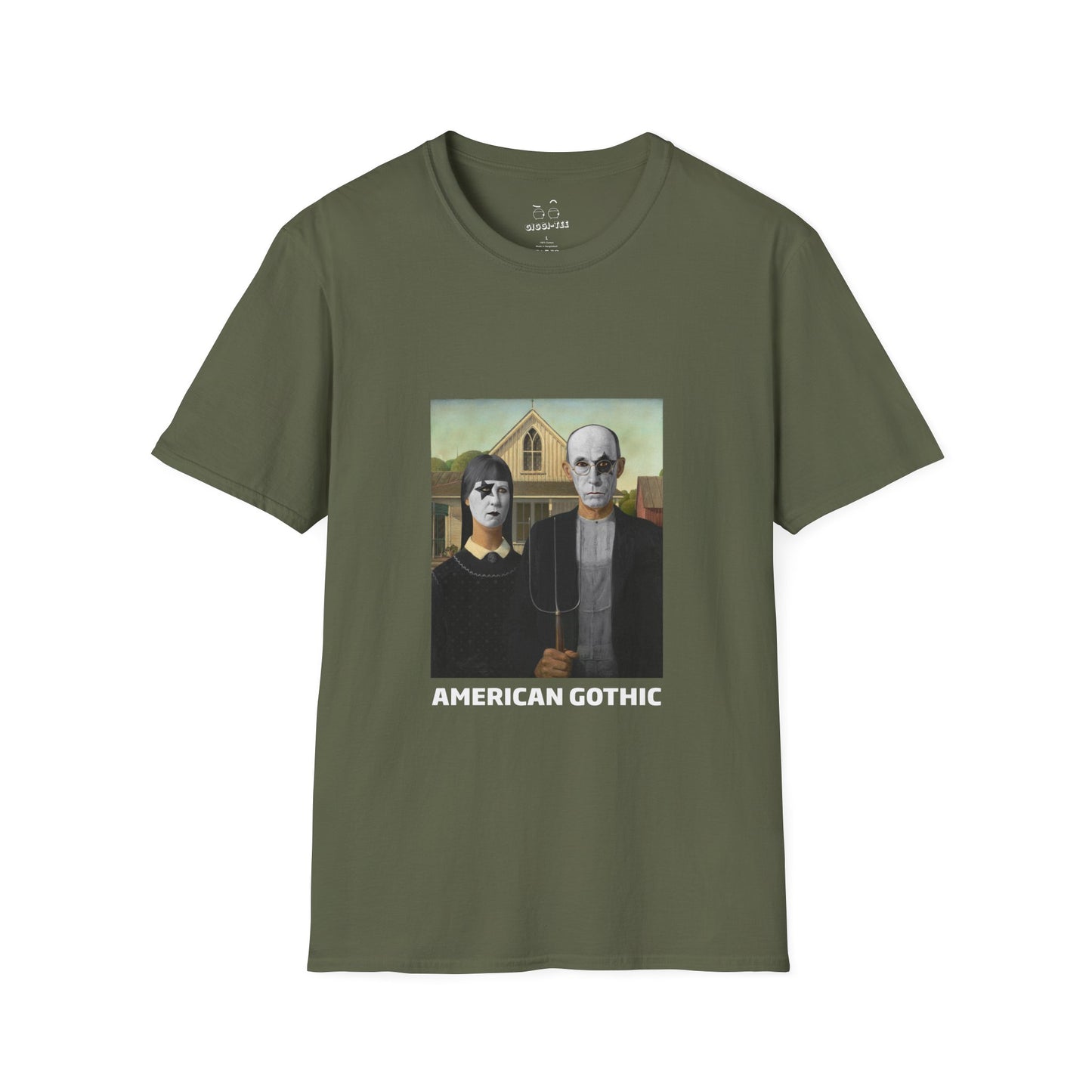 American Gothic parody shirt featuring gothic versions of the farmer and wife with makeup and black hair