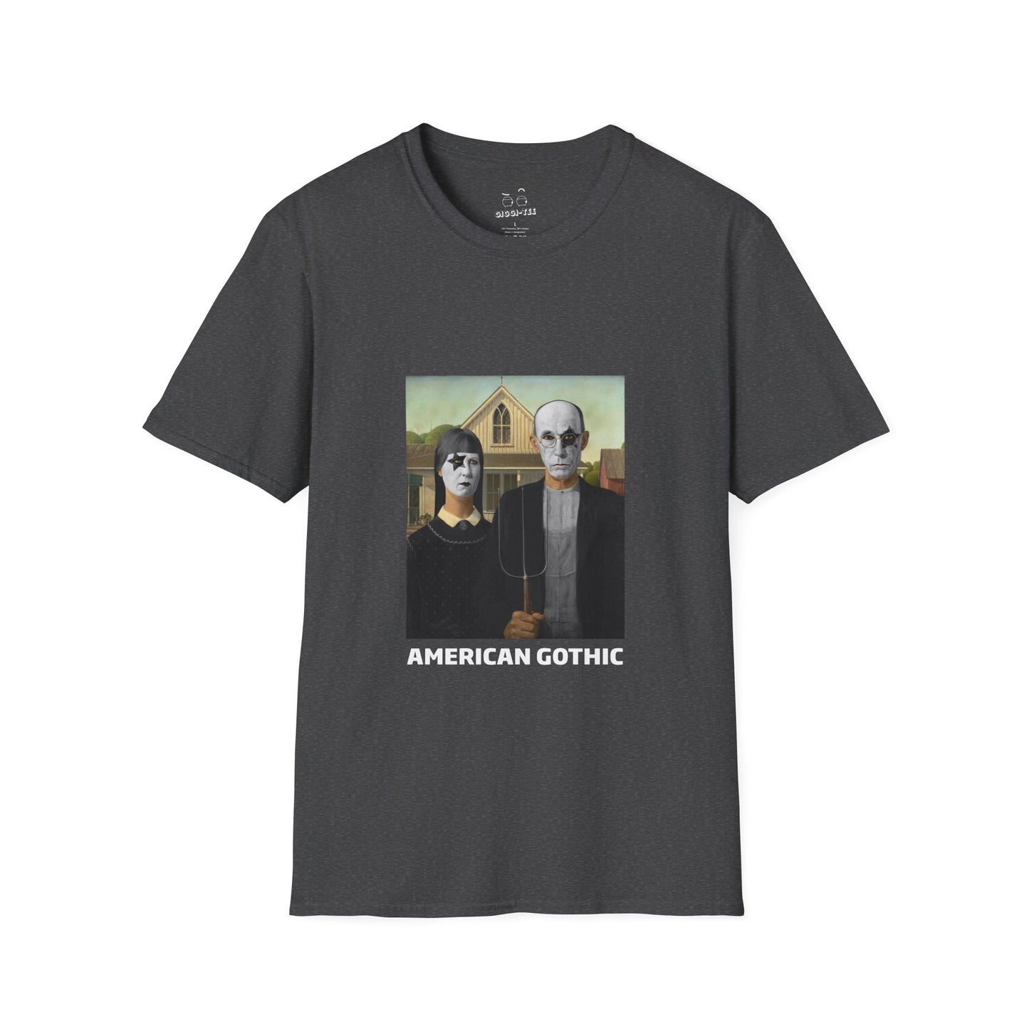 American Gothic parody shirt featuring gothic versions of the farmer and wife with makeup and black hair