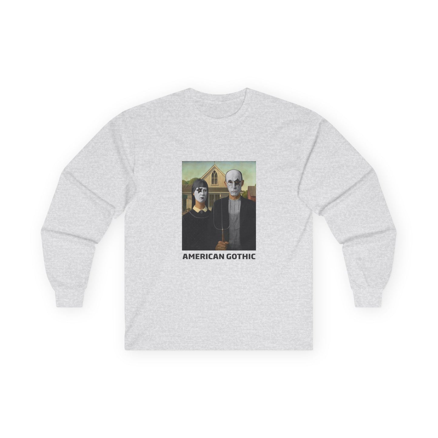 American Gothic parody shirt featuring gothic versions of the farmer and wife with makeup and black hair